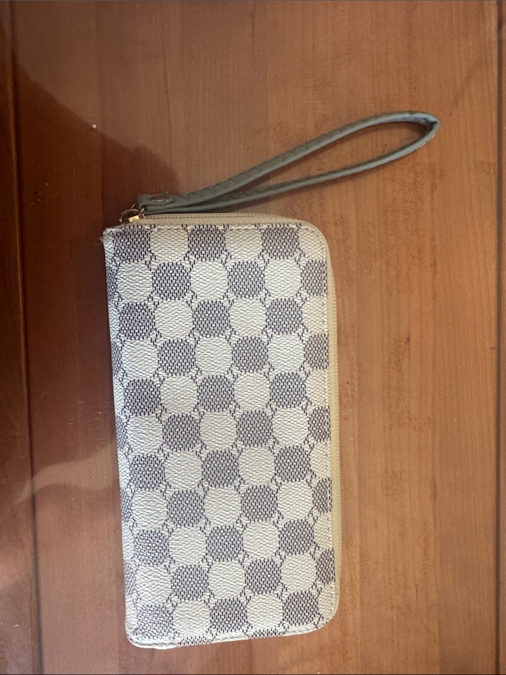 MKF Checkerboard Wristlet Wallet in Cream and Light Gray with sage wrist strap.